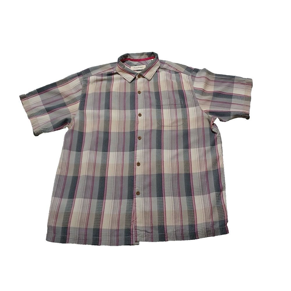 Tommy Bahama Gray Pink Plaid Button Up Short Sleeve Silk Shirt Men  Original Fit